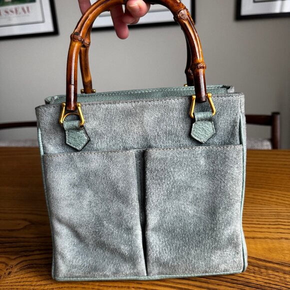 Vintage Gucci 2-Way Top Handle Crossbody Bag in Light Teal Suede - Picture 2 of 16